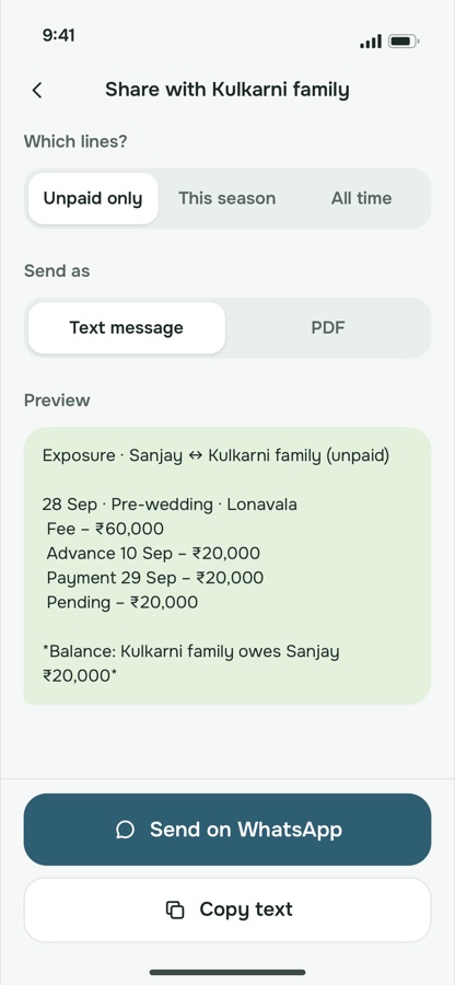 Share with Kulkarni family: fee ₹60,000, advance ₹20,000, payment ₹20,000, pending ₹20,000, Send on WhatsApp