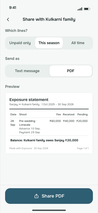 PDF statement for Kulkarni family: fee ₹60,000, received ₹40,000, pending ₹20,000